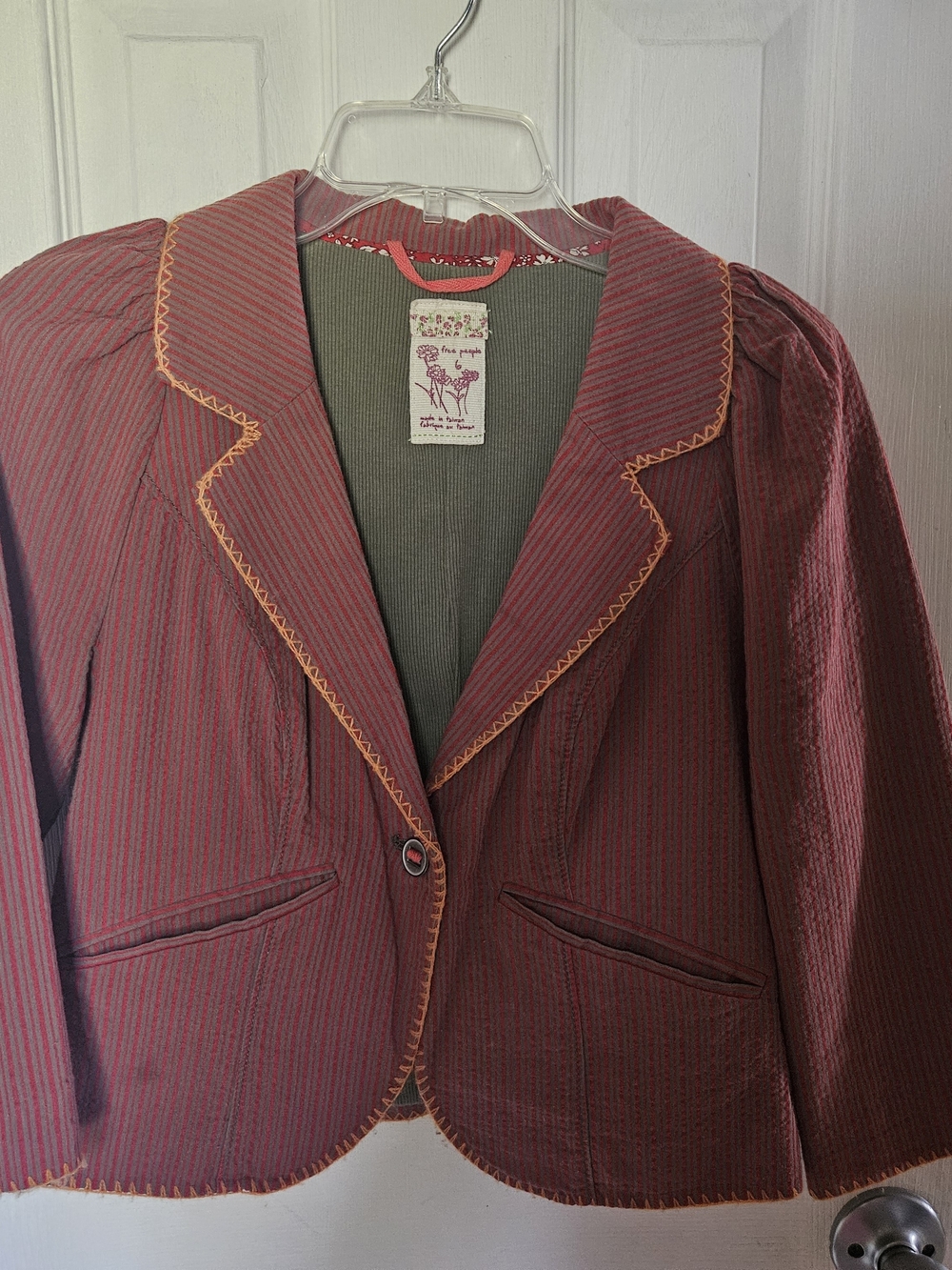 Free People Raspberry Striped Blazer with Contrast Orange Stitching